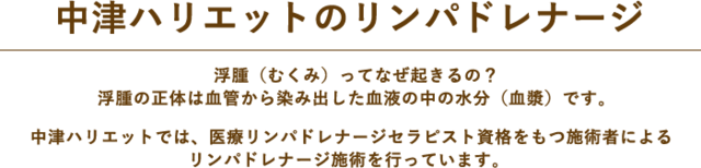 中津ハリエットのリンパドレナージ。浮腫（むくみ）ってなぜ起きるの？浮腫の正体は血管から染み出した血液の中の水分（血漿）です。中津ハリエットでは、医療リンパドレナージセラピスト資格をもつ施術者によるリンパドレナージ施術を行っています。